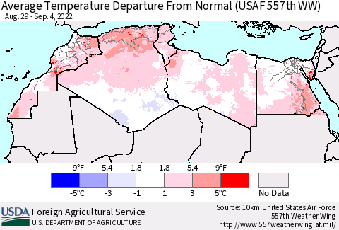 North Africa Average Temperature Departure from Normal (USAF 557th WW) Thematic Map For 8/29/2022 - 9/4/2022