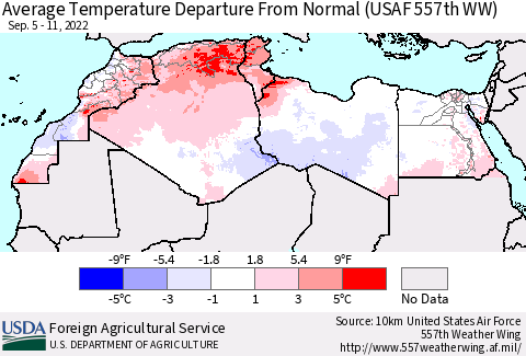 North Africa Average Temperature Departure from Normal (USAF 557th WW) Thematic Map For 9/5/2022 - 9/11/2022