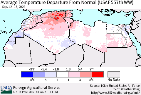 North Africa Average Temperature Departure from Normal (USAF 557th WW) Thematic Map For 9/12/2022 - 9/18/2022