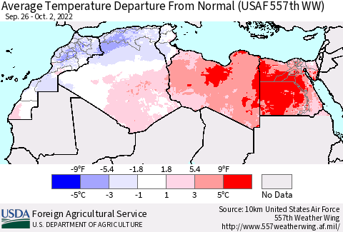 North Africa Average Temperature Departure from Normal (USAF 557th WW) Thematic Map For 9/26/2022 - 10/2/2022