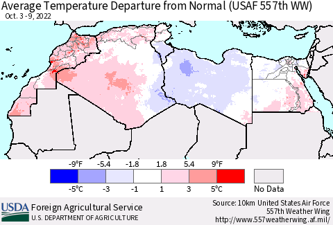 North Africa Average Temperature Departure from Normal (USAF 557th WW) Thematic Map For 10/3/2022 - 10/9/2022