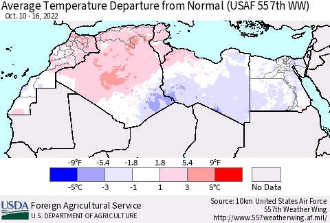 North Africa Average Temperature Departure from Normal (USAF 557th WW) Thematic Map For 10/10/2022 - 10/16/2022