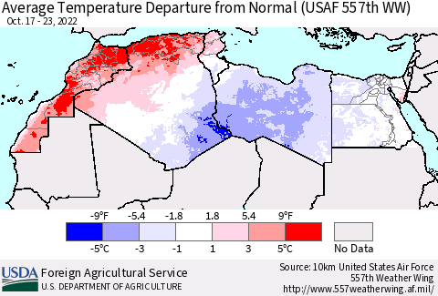 North Africa Average Temperature Departure from Normal (USAF 557th WW) Thematic Map For 10/17/2022 - 10/23/2022