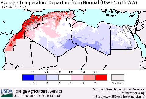 North Africa Average Temperature Departure from Normal (USAF 557th WW) Thematic Map For 10/24/2022 - 10/30/2022