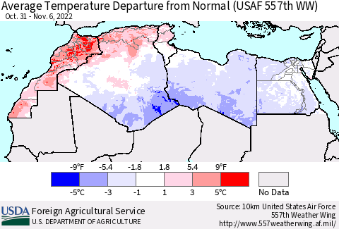 North Africa Average Temperature Departure from Normal (USAF 557th WW) Thematic Map For 10/31/2022 - 11/6/2022