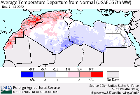 North Africa Average Temperature Departure from Normal (USAF 557th WW) Thematic Map For 11/7/2022 - 11/13/2022