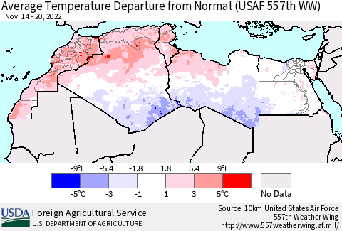 North Africa Average Temperature Departure from Normal (USAF 557th WW) Thematic Map For 11/14/2022 - 11/20/2022