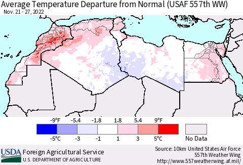 North Africa Average Temperature Departure from Normal (USAF 557th WW) Thematic Map For 11/21/2022 - 11/27/2022