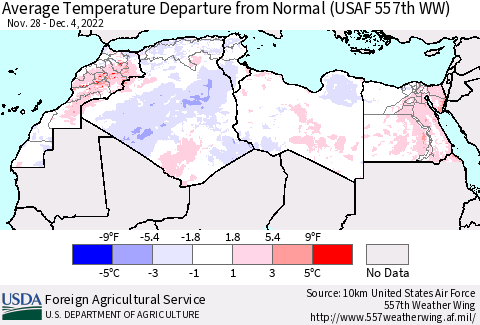 North Africa Average Temperature Departure from Normal (USAF 557th WW) Thematic Map For 11/28/2022 - 12/4/2022