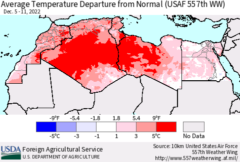 North Africa Average Temperature Departure from Normal (USAF 557th WW) Thematic Map For 12/5/2022 - 12/11/2022