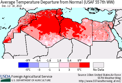 North Africa Average Temperature Departure from Normal (USAF 557th WW) Thematic Map For 12/12/2022 - 12/18/2022