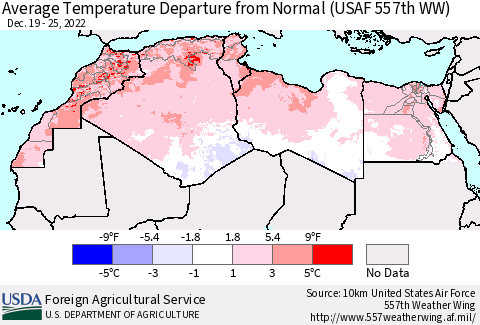 North Africa Average Temperature Departure from Normal (USAF 557th WW) Thematic Map For 12/19/2022 - 12/25/2022