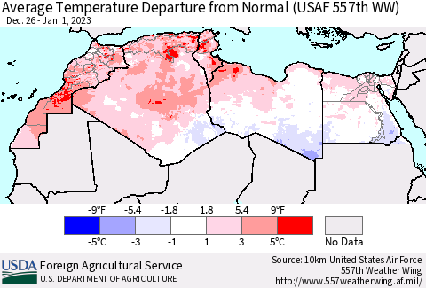 North Africa Average Temperature Departure from Normal (USAF 557th WW) Thematic Map For 12/26/2022 - 1/1/2023
