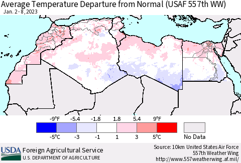 North Africa Average Temperature Departure from Normal (USAF 557th WW) Thematic Map For 1/2/2023 - 1/8/2023