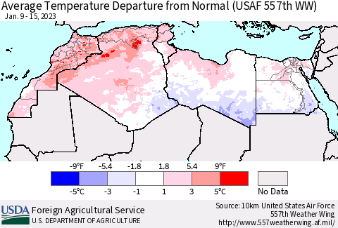 North Africa Average Temperature Departure from Normal (USAF 557th WW) Thematic Map For 1/9/2023 - 1/15/2023