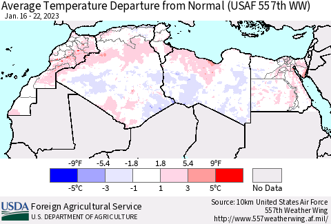North Africa Average Temperature Departure from Normal (USAF 557th WW) Thematic Map For 1/16/2023 - 1/22/2023
