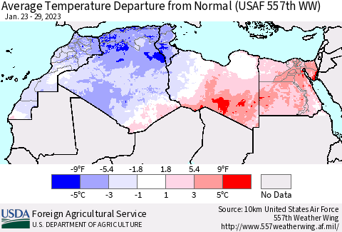 North Africa Average Temperature Departure from Normal (USAF 557th WW) Thematic Map For 1/23/2023 - 1/29/2023