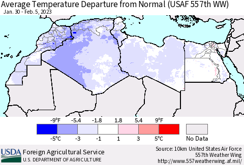 North Africa Average Temperature Departure from Normal (USAF 557th WW) Thematic Map For 1/30/2023 - 2/5/2023