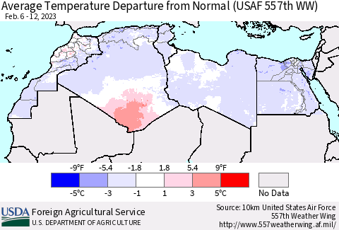 North Africa Average Temperature Departure from Normal (USAF 557th WW) Thematic Map For 2/6/2023 - 2/12/2023