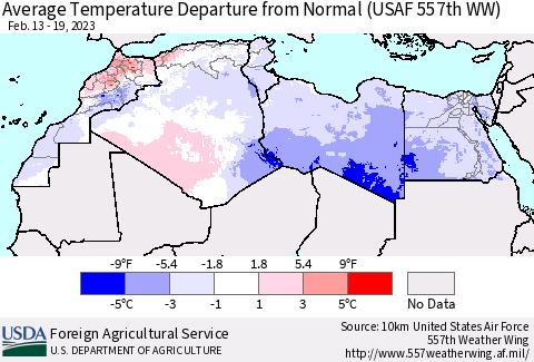 North Africa Average Temperature Departure from Normal (USAF 557th WW) Thematic Map For 2/13/2023 - 2/19/2023