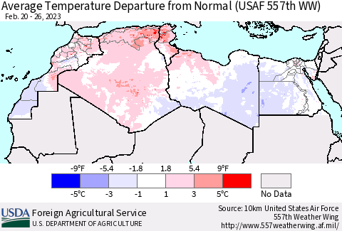 North Africa Average Temperature Departure from Normal (USAF 557th WW) Thematic Map For 2/20/2023 - 2/26/2023