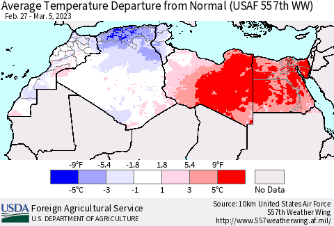 North Africa Average Temperature Departure from Normal (USAF 557th WW) Thematic Map For 2/27/2023 - 3/5/2023