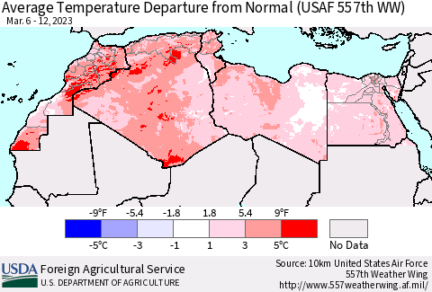 North Africa Average Temperature Departure from Normal (USAF 557th WW) Thematic Map For 3/6/2023 - 3/12/2023