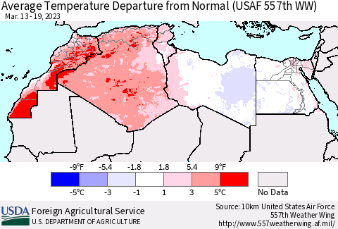 North Africa Average Temperature Departure from Normal (USAF 557th WW) Thematic Map For 3/13/2023 - 3/19/2023