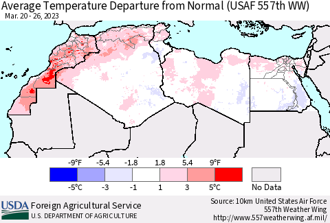 North Africa Average Temperature Departure from Normal (USAF 557th WW) Thematic Map For 3/20/2023 - 3/26/2023