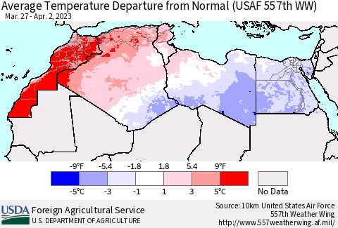 North Africa Average Temperature Departure from Normal (USAF 557th WW) Thematic Map For 3/27/2023 - 4/2/2023