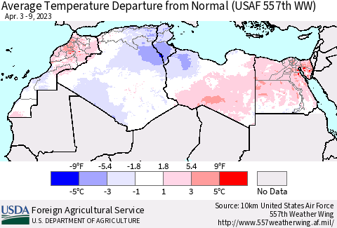 North Africa Average Temperature Departure from Normal (USAF 557th WW) Thematic Map For 4/3/2023 - 4/9/2023