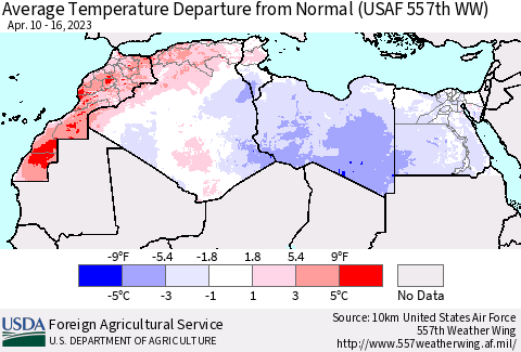 North Africa Average Temperature Departure from Normal (USAF 557th WW) Thematic Map For 4/10/2023 - 4/16/2023