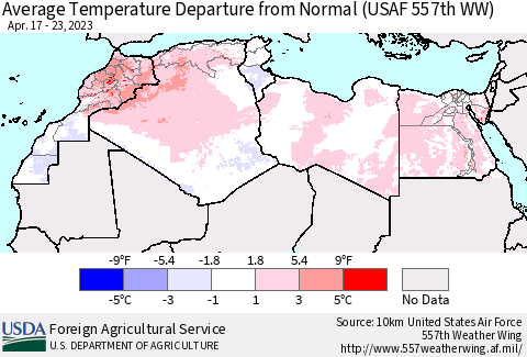 North Africa Average Temperature Departure from Normal (USAF 557th WW) Thematic Map For 4/17/2023 - 4/23/2023