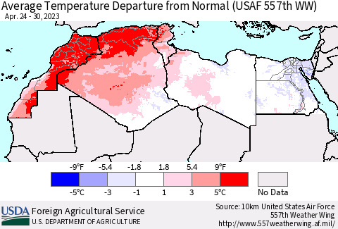 North Africa Average Temperature Departure from Normal (USAF 557th WW) Thematic Map For 4/24/2023 - 4/30/2023