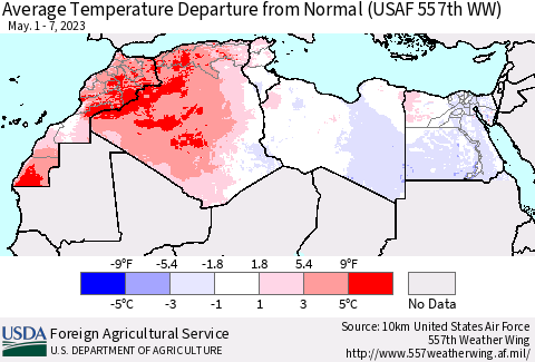 North Africa Average Temperature Departure from Normal (USAF 557th WW) Thematic Map For 5/1/2023 - 5/7/2023