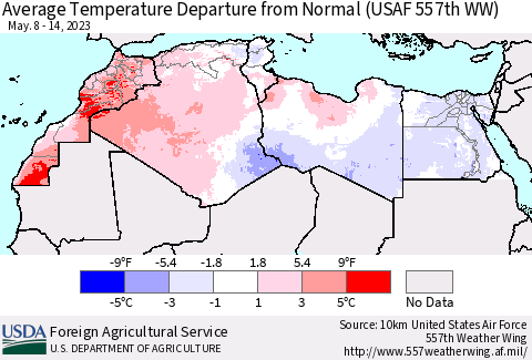 North Africa Average Temperature Departure from Normal (USAF 557th WW) Thematic Map For 5/8/2023 - 5/14/2023