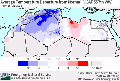 North Africa Average Temperature Departure from Normal (USAF 557th WW) Thematic Map For 5/15/2023 - 5/21/2023