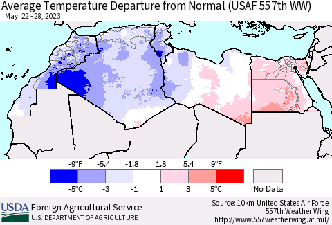 North Africa Average Temperature Departure from Normal (USAF 557th WW) Thematic Map For 5/22/2023 - 5/28/2023