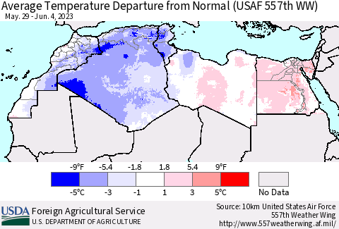 North Africa Average Temperature Departure from Normal (USAF 557th WW) Thematic Map For 5/29/2023 - 6/4/2023