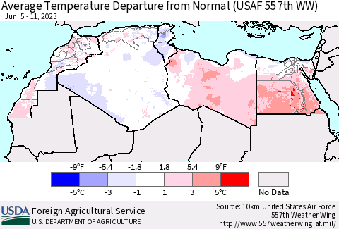 North Africa Average Temperature Departure from Normal (USAF 557th WW) Thematic Map For 6/5/2023 - 6/11/2023