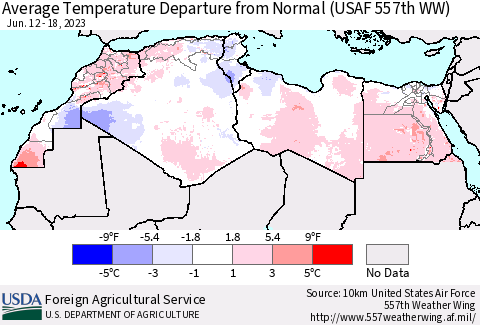 North Africa Average Temperature Departure from Normal (USAF 557th WW) Thematic Map For 6/12/2023 - 6/18/2023