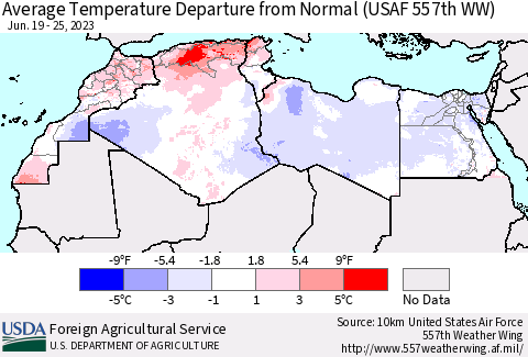 North Africa Average Temperature Departure from Normal (USAF 557th WW) Thematic Map For 6/19/2023 - 6/25/2023