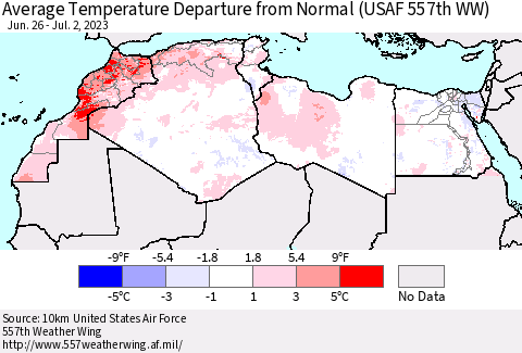 North Africa Average Temperature Departure from Normal (USAF 557th WW) Thematic Map For 6/26/2023 - 7/2/2023
