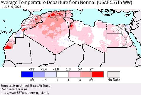 North Africa Average Temperature Departure from Normal (USAF 557th WW) Thematic Map For 7/3/2023 - 7/9/2023