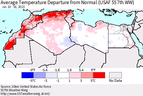 North Africa Average Temperature Departure from Normal (USAF 557th WW) Thematic Map For 7/10/2023 - 7/16/2023