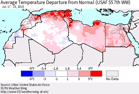 North Africa Average Temperature Departure from Normal (USAF 557th WW) Thematic Map For 7/17/2023 - 7/23/2023