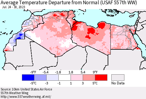 North Africa Average Temperature Departure from Normal (USAF 557th WW) Thematic Map For 7/24/2023 - 7/30/2023