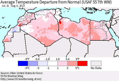 North Africa Average Temperature Departure from Normal (USAF 557th WW) Thematic Map For 7/31/2023 - 8/6/2023