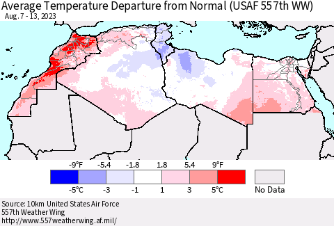 North Africa Average Temperature Departure from Normal (USAF 557th WW) Thematic Map For 8/7/2023 - 8/13/2023