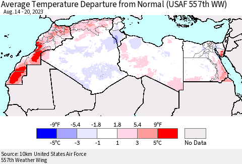 North Africa Average Temperature Departure from Normal (USAF 557th WW) Thematic Map For 8/14/2023 - 8/20/2023